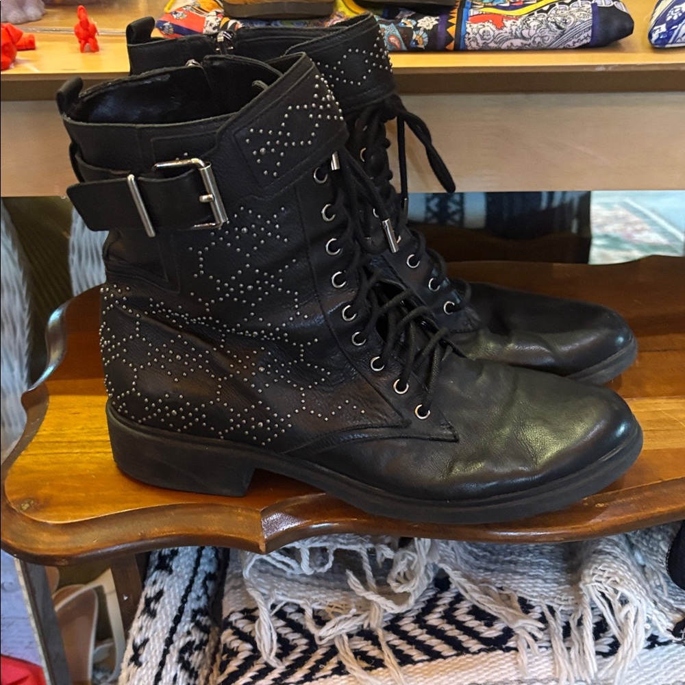 Vince Camuto Black Studded Lace-Up Moto Boots